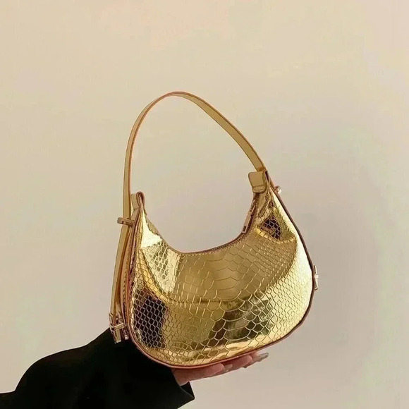 Gold Elegant Women's Metallic Embossed Hobo Bag Solid Color Shoulder Bag - Picture 1 of 4